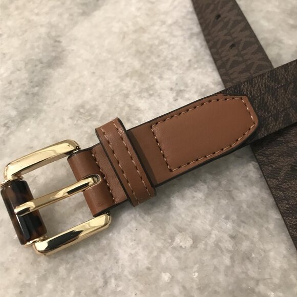 Michael Michael Kors Belt Womens Large Brown Signature Logo Monogram Gold Buckle - Picture 2 of 9